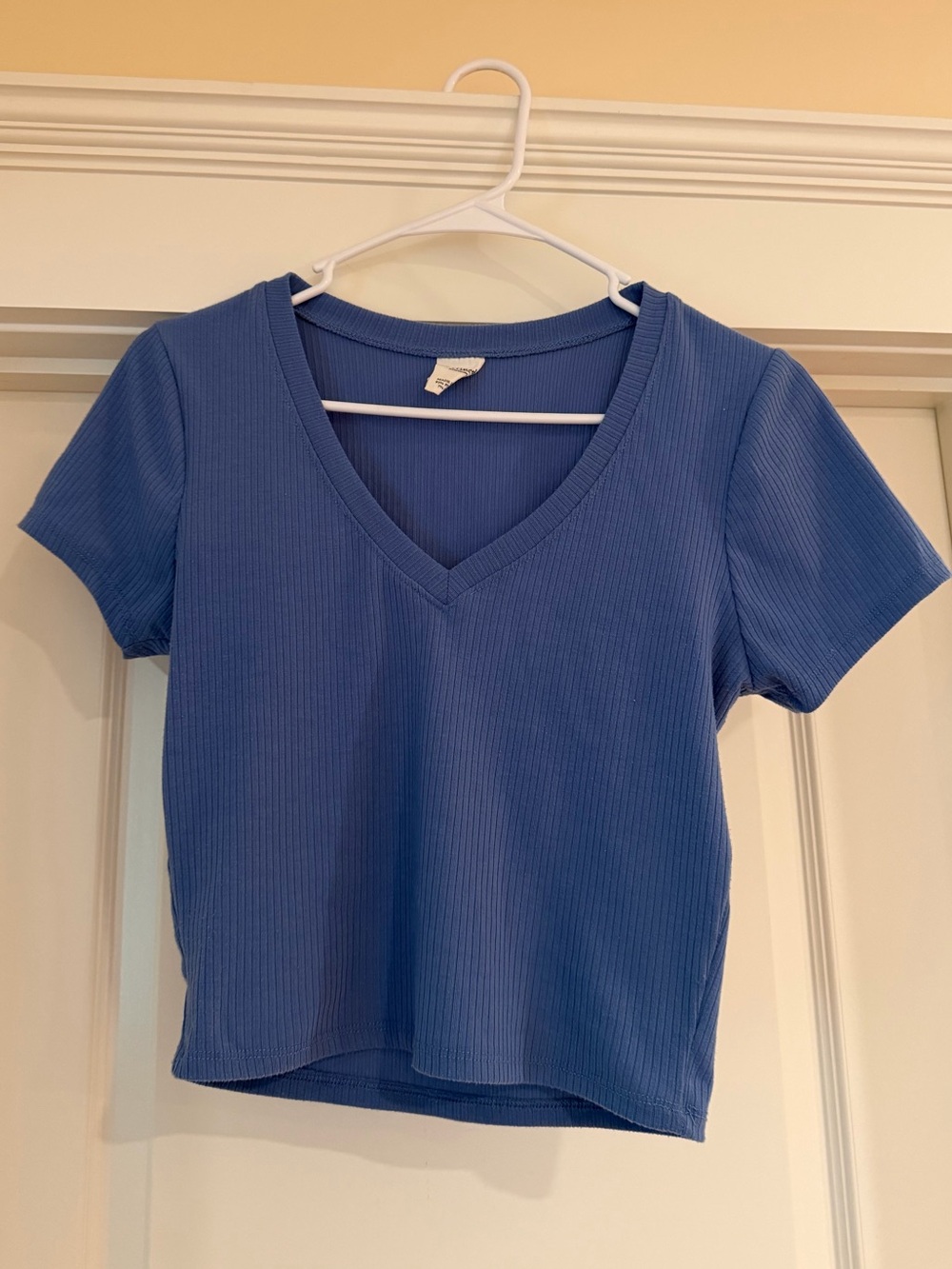 Ribbed V-Neck Short Sleeve Top - Blue
